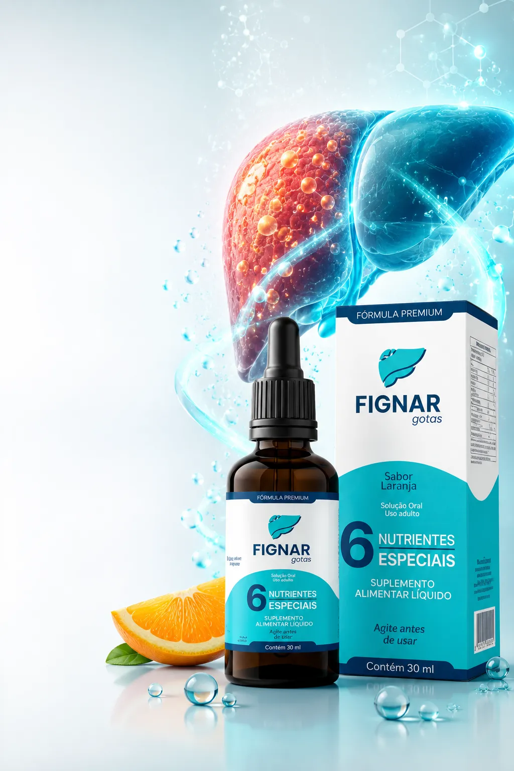 Fignar Gotas com frasco, caixa e representação visual do fígado