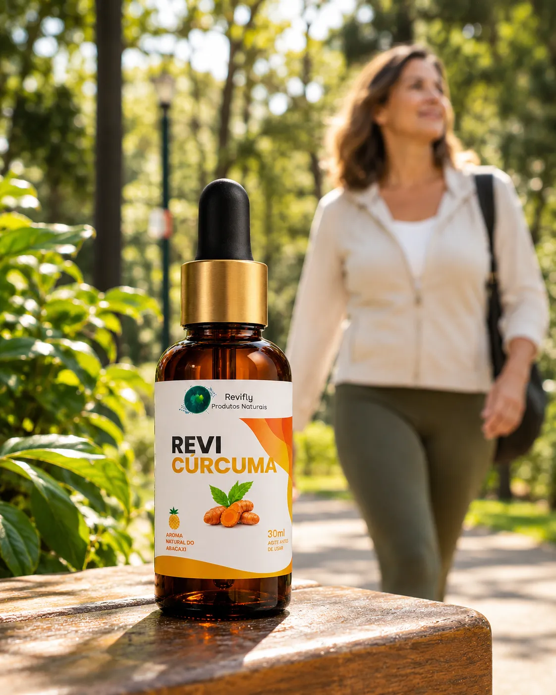 Revi Cúrcuma Gotas em primeiro plano com mulher caminhando ao fundo