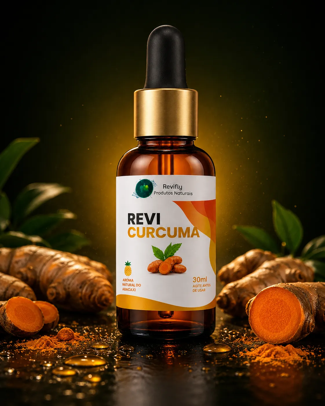 Frasco Revi Cúrcuma Gotas em cenário premium com cúrcuma